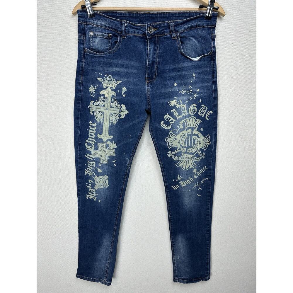 Jeans Wear Blue‎ Denim Graphics High Choice CALAGUC Mens Size 32 Mid Rise Y2K